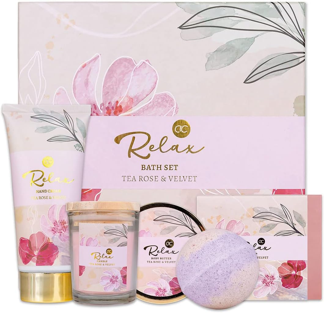 RELAX presentset  i 5 dela presentset för badset med doftljus, tvål, handkräm, kroppssmör & badbomb - wellnessset för kvinnor och tjejer för födelsedagar och speciella tillfällen