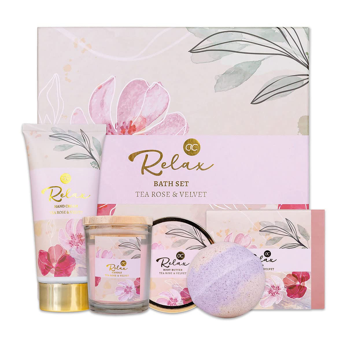 RELAX presentset  i 5 dela presentset för badset med doftljus, tvål, handkräm, kroppssmör & badbomb - wellnessset för kvinnor och tjejer för födelsedagar och speciella tillfällen