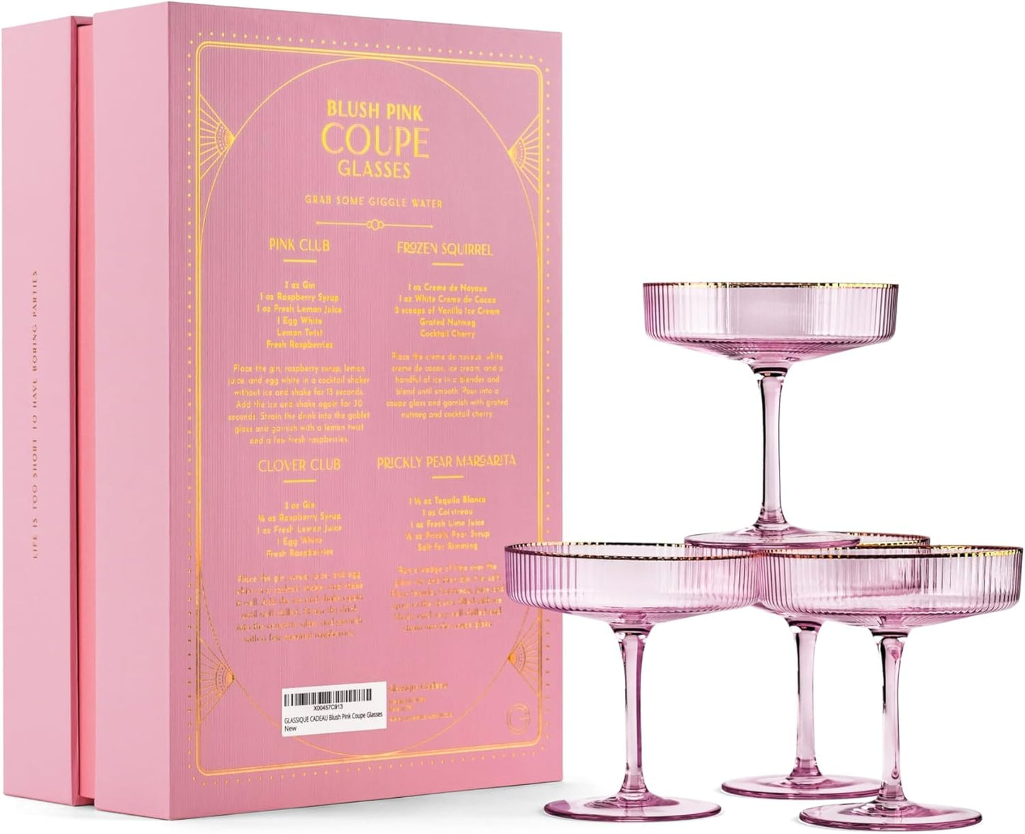 Art Deco Blush Pink Coupe-glas med guldkanter | Set med 4 | 207 ml