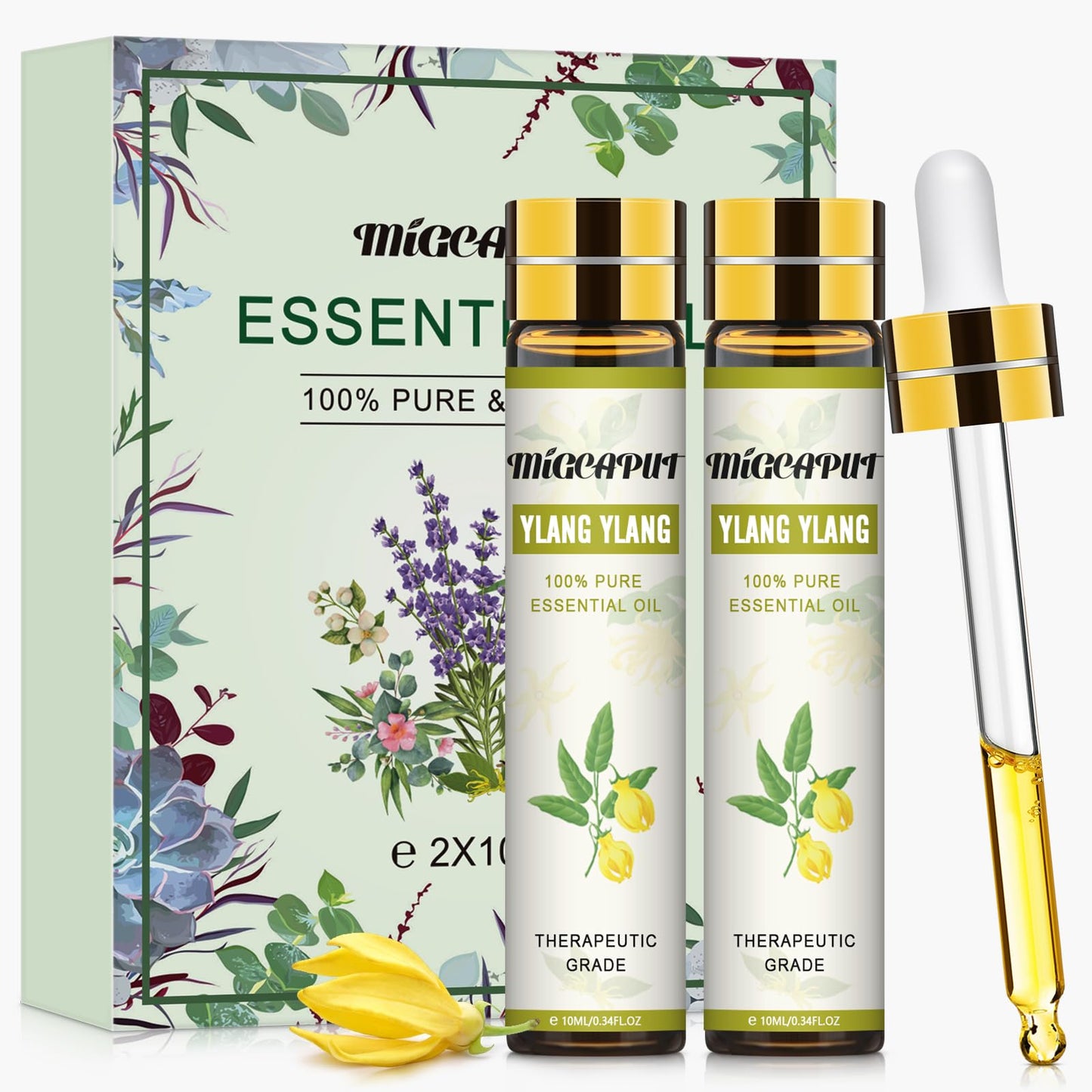 Ylang Ylang Eterisk Olja Set 2 x 10 ml, 100% Ren Naturlig Terapeutisk Kvalitet