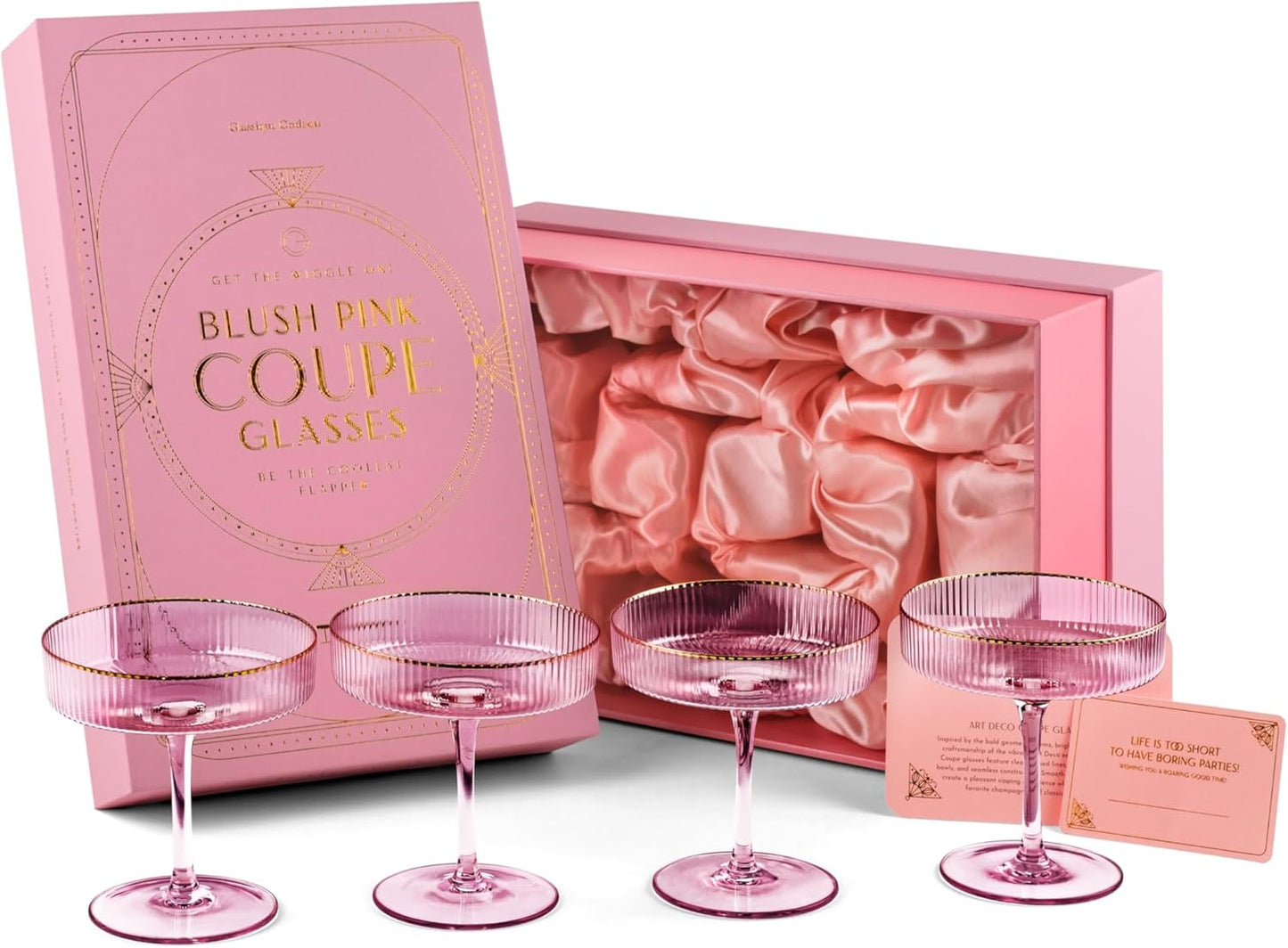 Art Deco Blush Pink Coupe-glas med guldkanter | Set med 4 | 207 ml