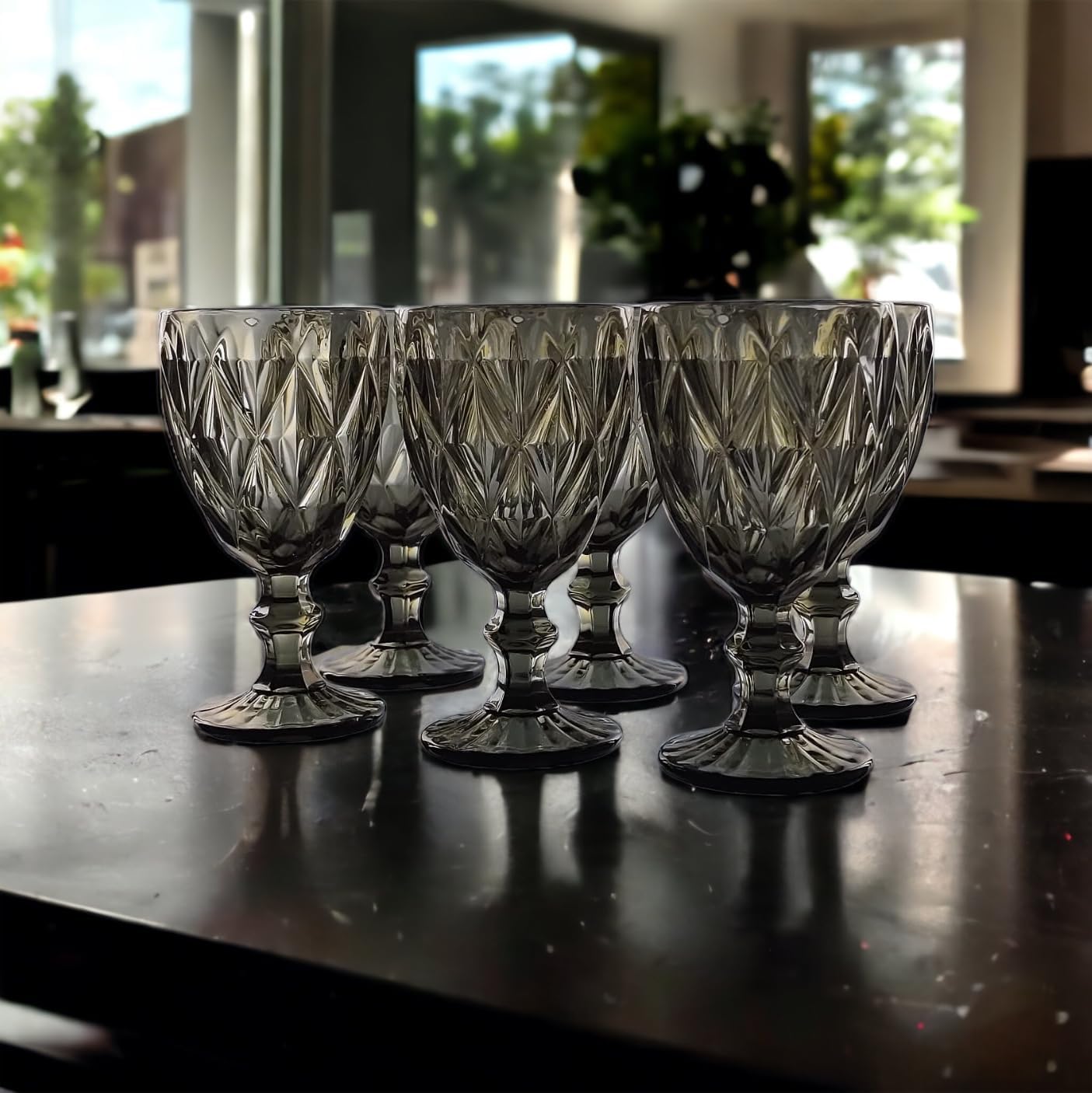 Vintage-set med 6 delar,vinglas, glas, vattenglas, longdrinkglas (grå svart)