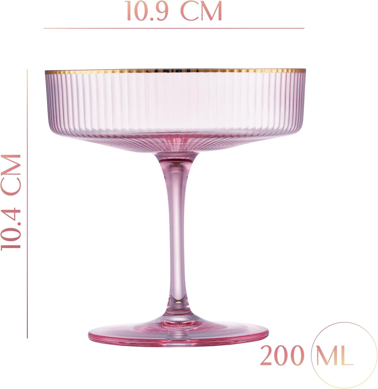 Art Deco Blush Pink Coupe-glas med guldkanter | Set med 4 | 207 ml