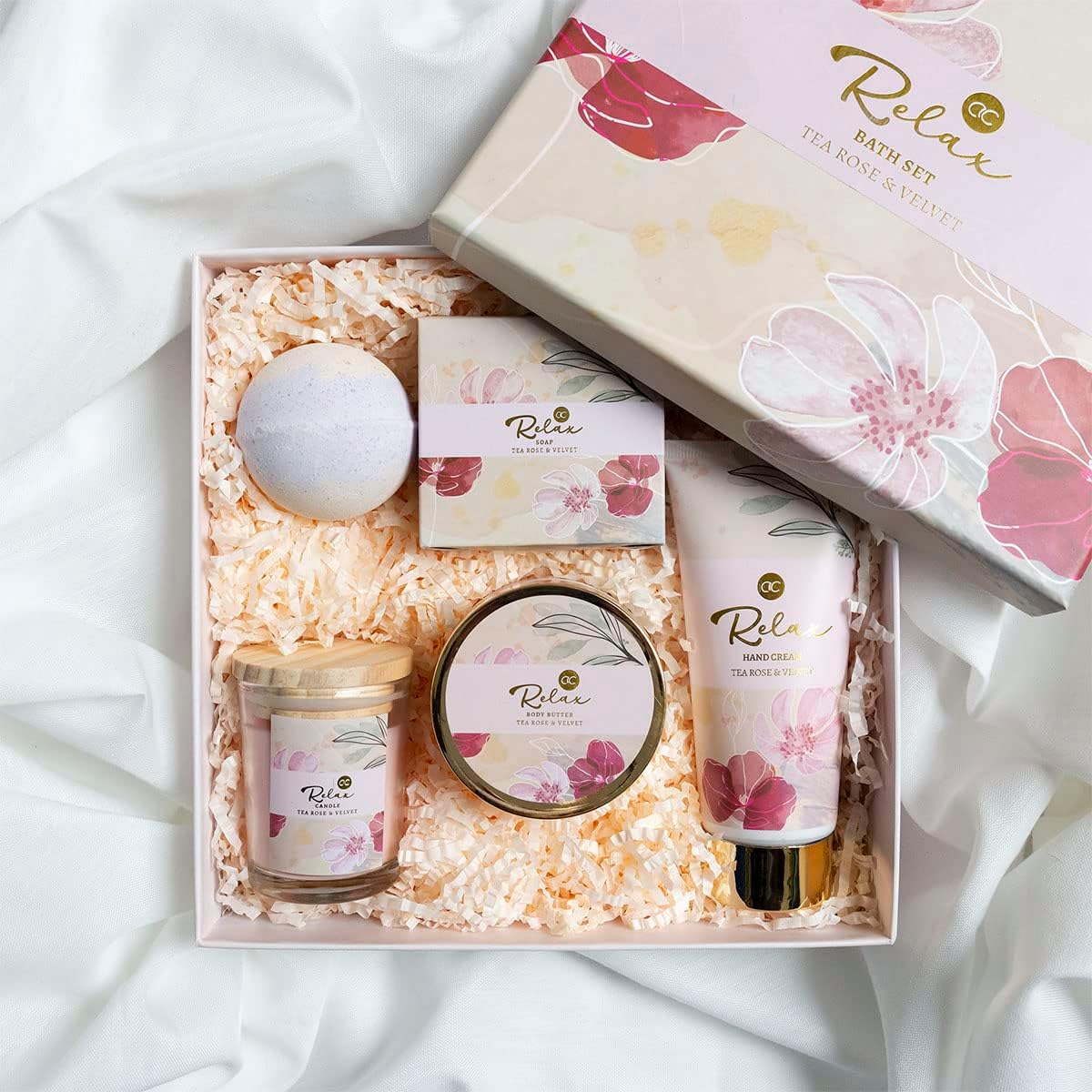 RELAX presentset  i 5 dela presentset för badset med doftljus, tvål, handkräm, kroppssmör & badbomb - wellnessset för kvinnor och tjejer för födelsedagar och speciella tillfällen