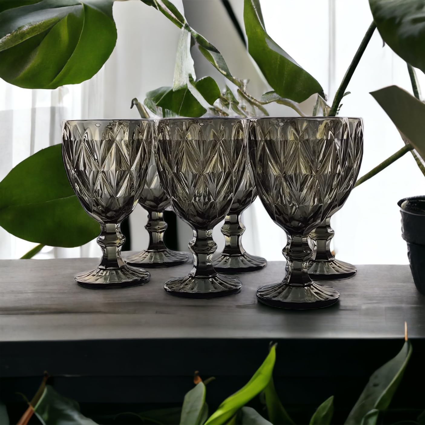 Vintage-set med 6 delar,vinglas, glas, vattenglas, longdrinkglas (grå svart)