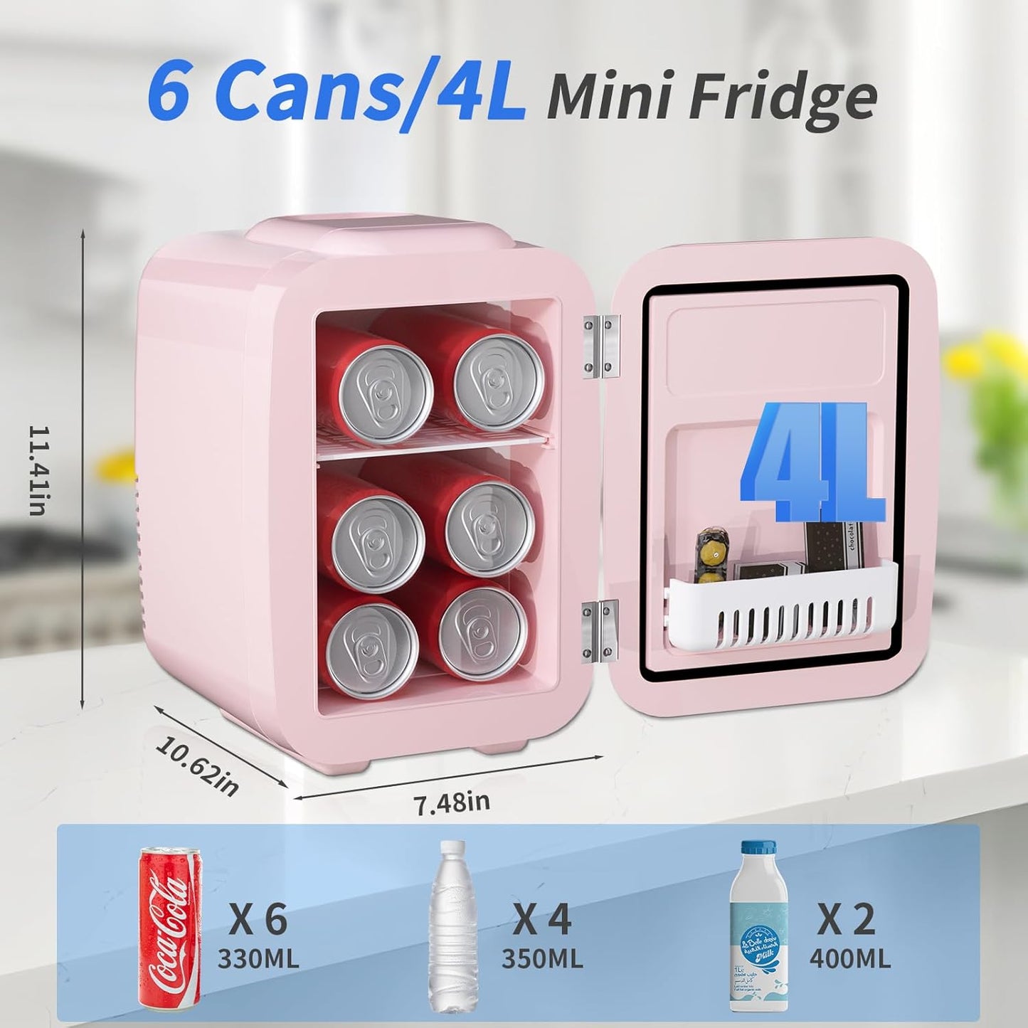 Minikylskåp, 4 l kosmetiskt litet kylskåp för sovrum, AC 220 V/DC 12 V för bil, kyl och värme för sovrum, bärbar för kontor, skrivbord (rosa)