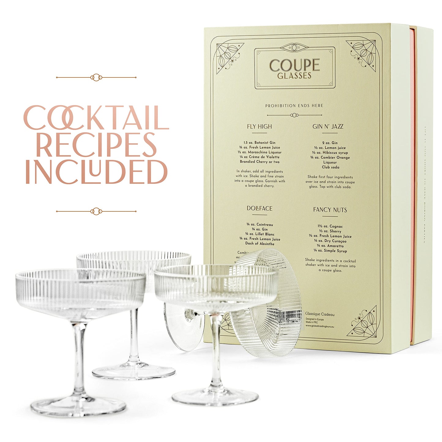 handblåsta kupéglas | set med 4 | 200 ml klassiska cocktailglas för champagne, martini m.m